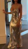 Ndyad Spaghetti Straps Gold Sheath Long Evening Gowns HZ1024