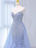 Ndyad Periwinkle Purple Mermaid V-neck Beaded Tulle Long Evening Gowns Train Wedding Dress HZ1024