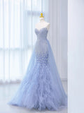Ndyad Periwinkle Purple Mermaid V-neck Beaded Tulle Long Evening Gowns Train Wedding Dress HZ1024