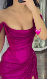 Ndyad Fuchsia Off-shoulder Sheath Sparkly Long Prom Dresses, Formal Evening Gowns HZ1024