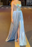 Ndyad Silver Halter Sheath Satin Long Prom Dresses, Formal Evening Gowns HZ1024
