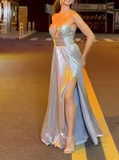 Ndyad Silver Halter Sheath Satin Long Prom Dresses, Formal Evening Gowns HZ1024