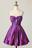 Ndyad Purple Strapless A-Line Satin Short Homecoming Dress with Bow HZ1024