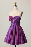 Ndyad Purple Strapless A-Line Satin Short Homecoming Dress with Bow HZ1024