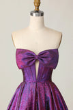 Ndyad Purple Strapless A-Line Satin Short Homecoming Dress with Bow HZ1024