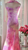 Ndyad Spaghetti Strap Pink Sheath Chiffon Prom Dresses Vintage Backless Evening Gowns HZ1024