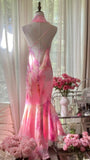 Ndyad Spaghetti Strap Pink Sheath Chiffon Prom Dresses Vintage Backless Evening Gowns HZ1024