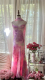 Ndyad Spaghetti Strap Pink Sheath Chiffon Prom Dresses Vintage Backless Evening Gowns HZ1024