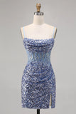Ndyad Dusty Blue Spaghetti Strap Bodycon Sequin Short Homecoming Dress with Slits HZ1024