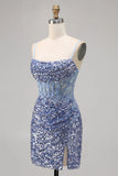 Ndyad Dusty Blue Spaghetti Strap Bodycon Sequin Short Homecoming Dress with Slits HZ1024