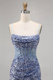 Ndyad Dusty Blue Spaghetti Strap Bodycon Sequin Short Homecoming Dress with Slits HZ1024
