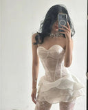 Ndyad White Sweetheart Sparkly Tulle Short Ballgowns Sweet Birthday Dress HZ1024