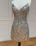 Ndyad Silver V-neck Bodycon Sequin Short Party Dress Backless Homecoming Dress with Tassels HZ1024