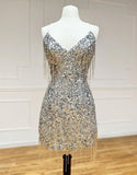 Ndyad Silver V-neck Bodycon Sequin Short Party Dress Backless Homecoming Dress with Tassels HZ1024