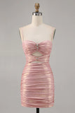 Ndyad Pink Spaghetti Strap Bodycon Glitter Satin Backless Short Birthday Dress, Homecoming Dress HZ1024