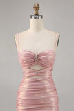 Ndyad Pink Spaghetti Strap Bodycon Glitter Satin Backless Short Birthday Dress, Homecoming Dress HZ1024