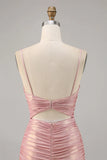 Ndyad Pink Spaghetti Strap Bodycon Glitter Satin Backless Short Birthday Dress, Homecoming Dress HZ1024