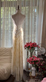 Ndyad Off-White V-Neck Sheath Beaded Chiffon Long Backless Prom Dresses, Elegant Evening Gowns HZ1024