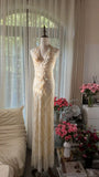 Ndyad Off-White V-Neck Sheath Beaded Chiffon Long Backless Prom Dresses, Elegant Evening Gowns HZ1024