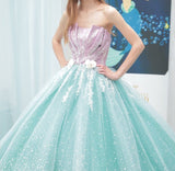 Ndyad Blue Strapless Tulle Beaded Long Ball Gowns Glamour Quincea?era Dress HZ1024