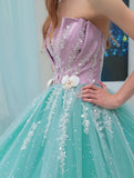 Ndyad Blue Strapless Tulle Beaded Long Ball Gowns Glamour Quincea?era Dress HZ1024