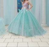 Ndyad Blue Strapless Tulle Beaded Long Ball Gowns Glamour Quincea?era Dress HZ1024