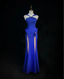 Ndyad Royal Blue Halter Mermaid Long Prom Dresses, Vintage Evening Gowns HZ1024