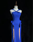 Ndyad Royal Blue Halter Mermaid Long Prom Dresses, Vintage Evening Gowns HZ1024