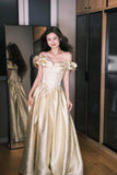 Ndyad Champagne Gold A-Line Off Shoulder Satin Long Prom Dresses Sweet 16 Dress HZ1024