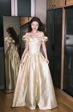 Ndyad Champagne Gold A-Line Off Shoulder Satin Long Prom Dresses Sweet 16 Dress HZ1024