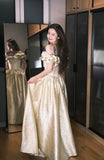 Ndyad Champagne Gold A-Line Off Shoulder Satin Long Prom Dresses Sweet 16 Dress HZ1024