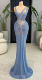 Ndyad Gray Blue Mermaid Asymmetric Lace Long Prom Dresses, Formal Evening Gowns HZ1024