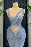 Ndyad Gray Blue Mermaid Asymmetric Lace Long Prom Dresses, Formal Evening Gowns HZ1024