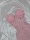 Ndyad Pink Bodycon Spaghetti Straps Beaded Long Prom Dresses Sweet Birthday Dress HZ1024