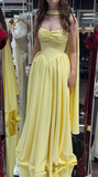 Ndyad Butter Yellow A-Line Strapless Chiffon Long Prom Dresses Graduation Dress HZ1024