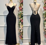 Ndyad Black Halter Mermaid Chiffon Backless Evening Dress Outdoor Party Dress HZ1024