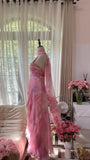 Ndyad Pink Strap Sheath Print Chiffon Prom Dresses, Vintage Evening Gowns HZ1024