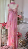 Ndyad Pink Strap Sheath Print Chiffon Prom Dresses, Vintage Evening Gowns HZ1024