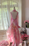 Ndyad Pink Strap Sheath Print Chiffon Prom Dresses, Vintage Evening Gowns HZ1024