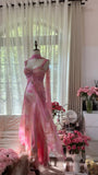 Ndyad Pink Strap Sheath Print Chiffon Prom Dresses, Vintage Evening Gowns HZ1024