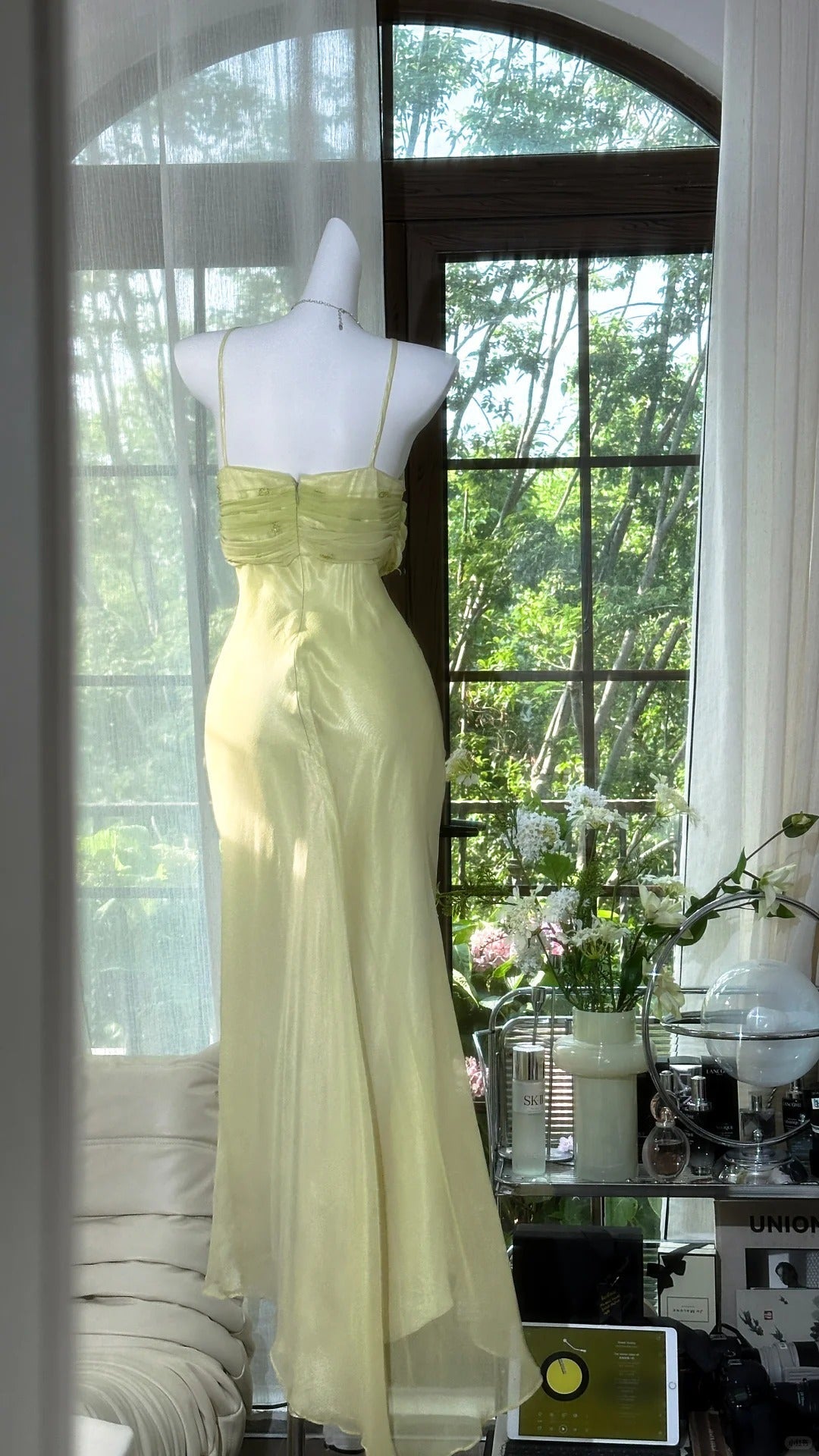 Ndyad Halter Sheath Chiffon Beaded Formal Dresses, Light Green Long Prom Dresses HZ1024