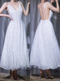 Ndyad White V-neck A-Line Beaded Tulle Prom Dresses Elegant Backless Evening Dress HZ1024