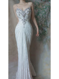 Ndyad Spaghetti Strap Mermaid Lace Long Prom Dresses, Vintage Evening Dresses HZ1024