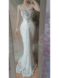 Ndyad Spaghetti Strap Mermaid Lace Long Prom Dresses, Vintage Evening Dresses HZ1024