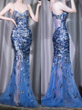 Ndyad Blue Elegant Spaghetti Strap Mermaid Evening Dress, Sequined Tulle Long Prom Dresses HZ1024