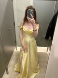 Ndyad Gold Off-shoulder A-Line Jacquard Satin Long Prom Dresses Sweet Graduation Evening Dresses HZ1024