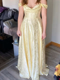 Ndyad Gold Off-shoulder A-Line Jacquard Satin Long Prom Dresses Sweet Graduation Evening Dresses HZ1024