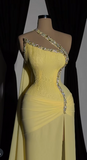 Ndyad Yellow One Shoulder Sheath Chiffon Sparkly Beaded Slit Evening Gowns HZ1024