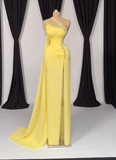 Ndyad Yellow One Shoulder Sheath Chiffon Sparkly Beaded Slit Evening Gowns HZ1024