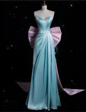 Ndyad Blue Sweetheart Neck Sheath Satin Long Birthday Gowns with Bow HZ1024